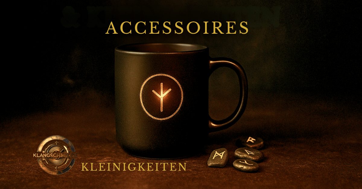 Accessoires & Kleinigkeiten der Klangschmiede Musik – schwarze Tasse mit goldener Rune, warme Lichtstimmung und mystische Atmosphäre.