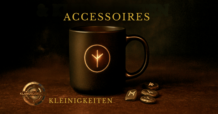Accessoires & Kleinigkeiten der Klangschmiede Musik – schwarze Tasse mit goldener Rune, warme Lichtstimmung und mystische Atmosphäre.
