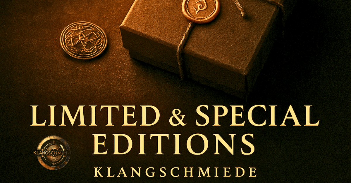 Limited & Special Editions der Klangschmiede Musik – goldene Lichtstimmung, seltene Sammlerstücke, exklusive Verpackung auf dunklem Hintergrund.