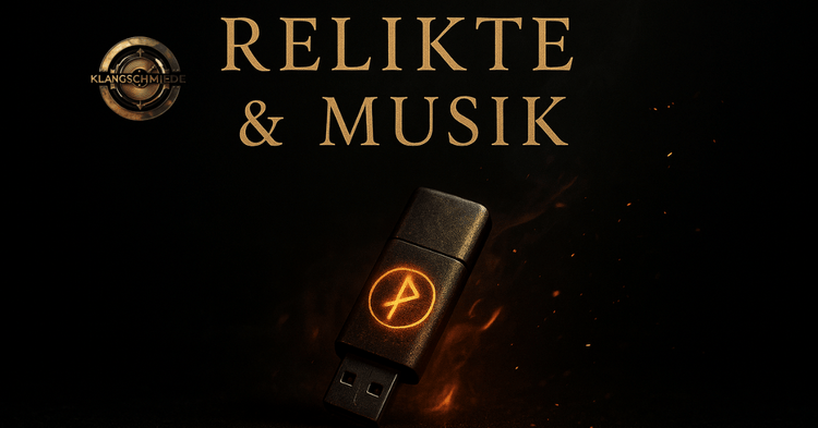 Relikte der Klangschmiede Musik – dunkles, mystisches Motiv mit goldener Flammenenergie und handverpacktem Sammlerstücke