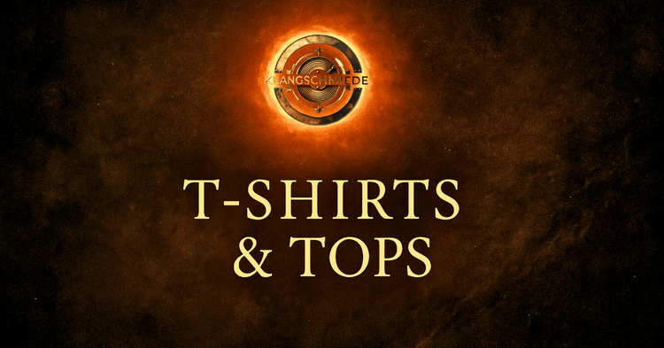 Klangschmiede Musik – T-Shirts & Tops mit goldener Lichtenergie und dunkler Atmosphäre, inspiriert von Songs, Rhythmus und Symbolik.